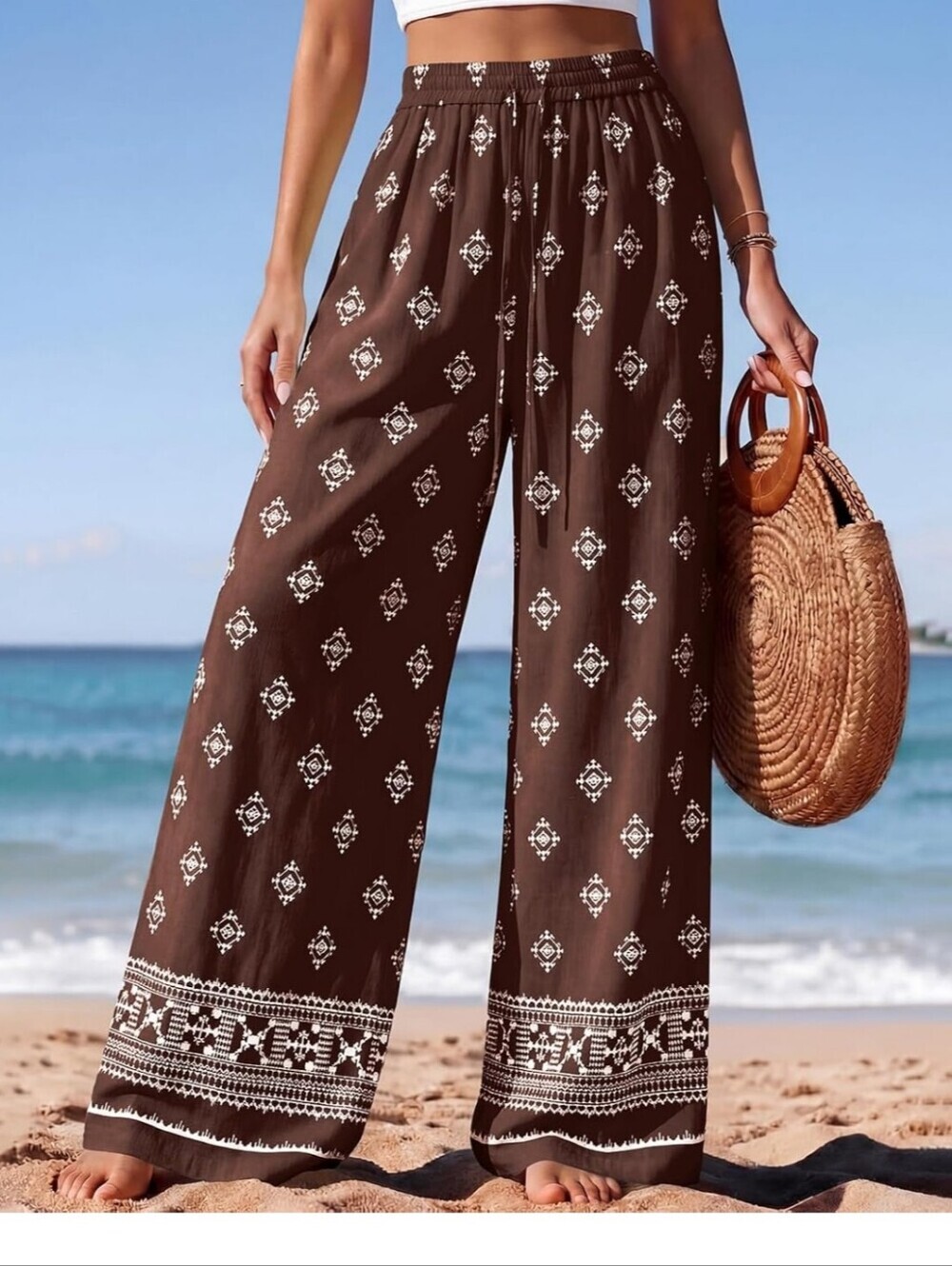 Brown Printed Wide-Leg Beach Pants